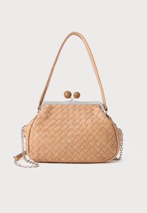 Woven tan leather handbag with a structured shape, silver frame, and wooden ball accents. Features a detachable chain strap for versatility.