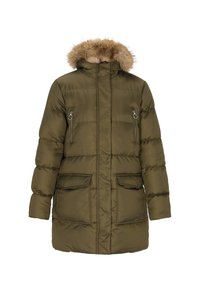 Oliven grøn pufferjakke med en aftagelig faux fur hætte, lynlåslommer på brystet og store lommer foran med klap. Glat, kviltet tekstur.