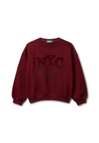 Felpa color bordeaux con polsini e orlo a costine, con testo "NYC Girl Team Sisterhood" e design di corona d'alloro sul davanti.