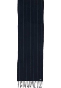 Sciarpa blu navy realizzata in morbido tessuto, con righe verticali e estremità frangiate. Include un piccolo etichetta di marca in un angolo.
