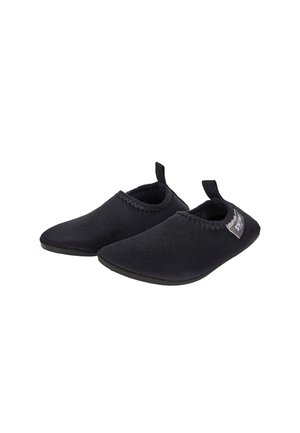 Pair of black slip-on water shoes with soft, flexible sole and pull tab at heel, designed for casual or aquatic use.