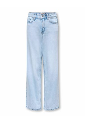 Light blue high-waist wide-leg jeans with front button closure, belt loops, and five pockets, displayed on white background.
