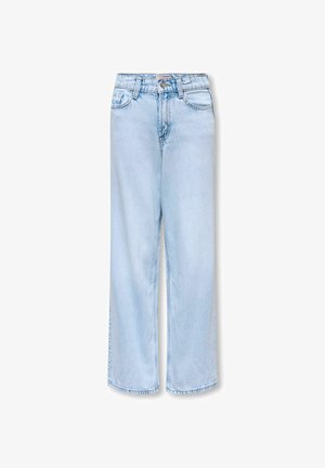 Lichtblauwe jeans met hoge taille en wijde pijpen, met knoopsluiting aan de voorkant, riemlussen en vijf zakken, getoond op een witte achtergrond.