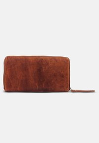 Brown leather wallet with a smooth texture, zip closure, and a wrist strap. Rectangular shape with minimal stitching detail.