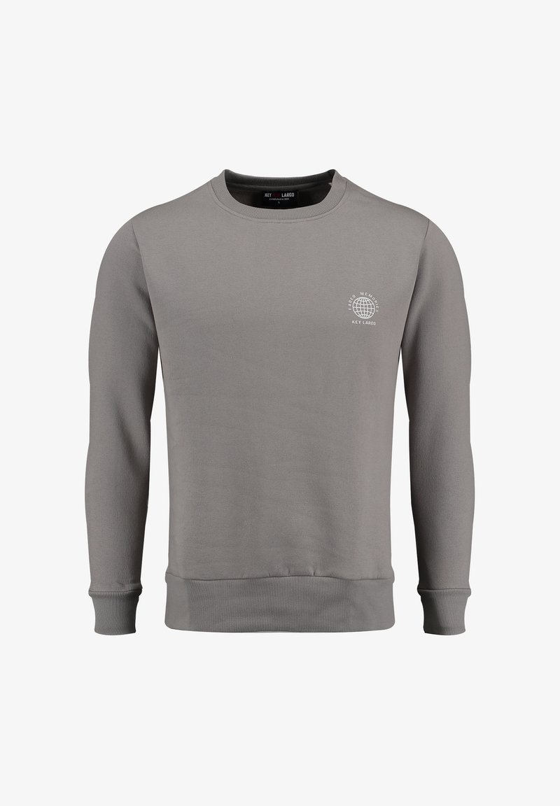 Felpa grigia con collo rotondo, maniche lunghe, polsini e orlo a coste, con un piccolo logo a forma di globo sul petto. Tessuto di texture liscia.