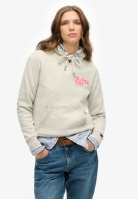 Lichtgrijze hoodie met trekkoord, roze "SUPERDRY" logo en een voorkelet. Draagt over een blauwgestreept shirt en gecombineerd met high-waisted jeans.