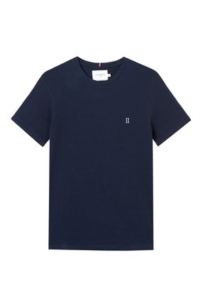 Granatowy T-shirt z krótkim rękawem, okrągłym dekoltem i małym białym logo "II" na lewej piersi.