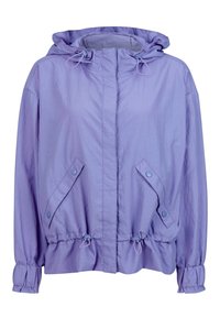 Lichtpaarse lichtgewicht jas met capuchon, trekkoord in de taille, twee voorke pocket en gathering bij de manchetten. Glad textuur en casual ontwerp.