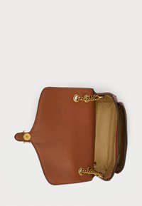 Brown leather handbag with a textured surface, gold chain accents, magnetic closure, and a light-colored interior. Open with a spacious compartment.