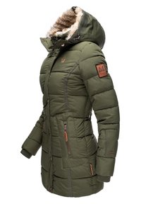 Olive green puffer coat with a fur-lined hood, featuring zippered pockets, ribbed cuffs, and a patch logo on the sleeve. Stitching detail visible.