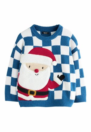 Modra in bela karirana svetilka z teksturiranim dizajnom Božička. Ima okroglo ovratnico in mehak pleten material.