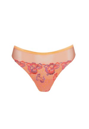Transparante oranje bikini-ondergoed met geborduurde rode en paarse bloemenpatronen en een effen oranje tailleband.