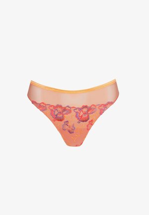 Ropa interior de estilo bikini transparente en color naranja con patrones florales bordados en rojo y púrpura y una cintura naranja sólida.