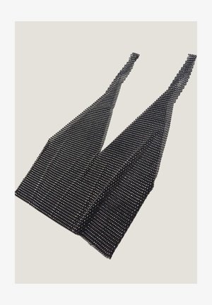 Czarny top na szyję z koralikami, wykonany z teksturowanej tkaniny. Posiada głęboki dekolt w kształcie litery V oraz cienkie ramiączka ozdobione rzędami błyszczących koralików.