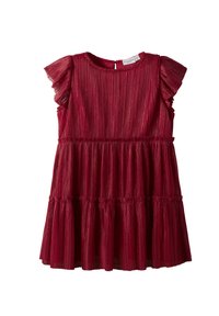 Rotes ärmelloses Faltenkleid mit gerafften kurzen Ärmeln und mehrlagigem Rock, entworfen für ein Kind.