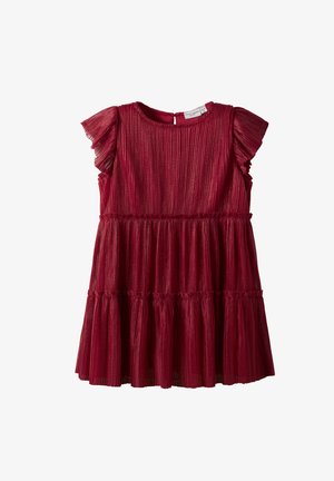 Rotes ärmelloses Faltenkleid mit gerafften kurzen Ärmeln und mehrlagigem Rock, entworfen für ein Kind.