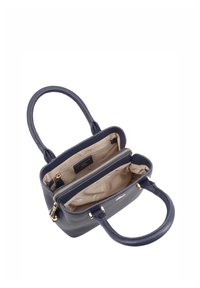 Navy leren handtas met dubbele handvaten, voorzien van een ritscompartiment en een gladde, beige binnenvoering. Accenten in goudkleurig metaal.
