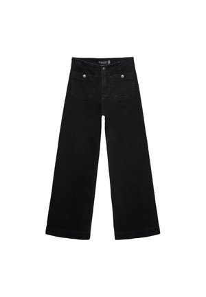 Jeans neri a gamba larga con vita alta, due tasche frontali e dettagli in bottone argentato. Realizzati in denim con una texture liscia.