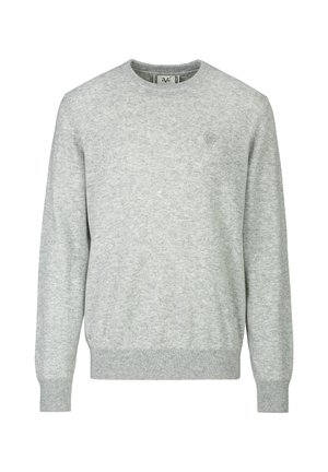 Hellgrauer Pullover mit Rundhalsausschnitt, langen Ärmeln sowie gerippten Bündchen und Saum, mit einem kleinen gestickten Logo auf der Brust.
