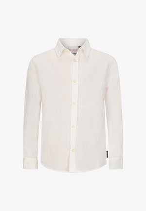 Camicia a maniche lunghe in lino bianco con collo a punte e chiusura centrale con bottoni. Presenta cuciture visibili e un'etichetta sul lato.