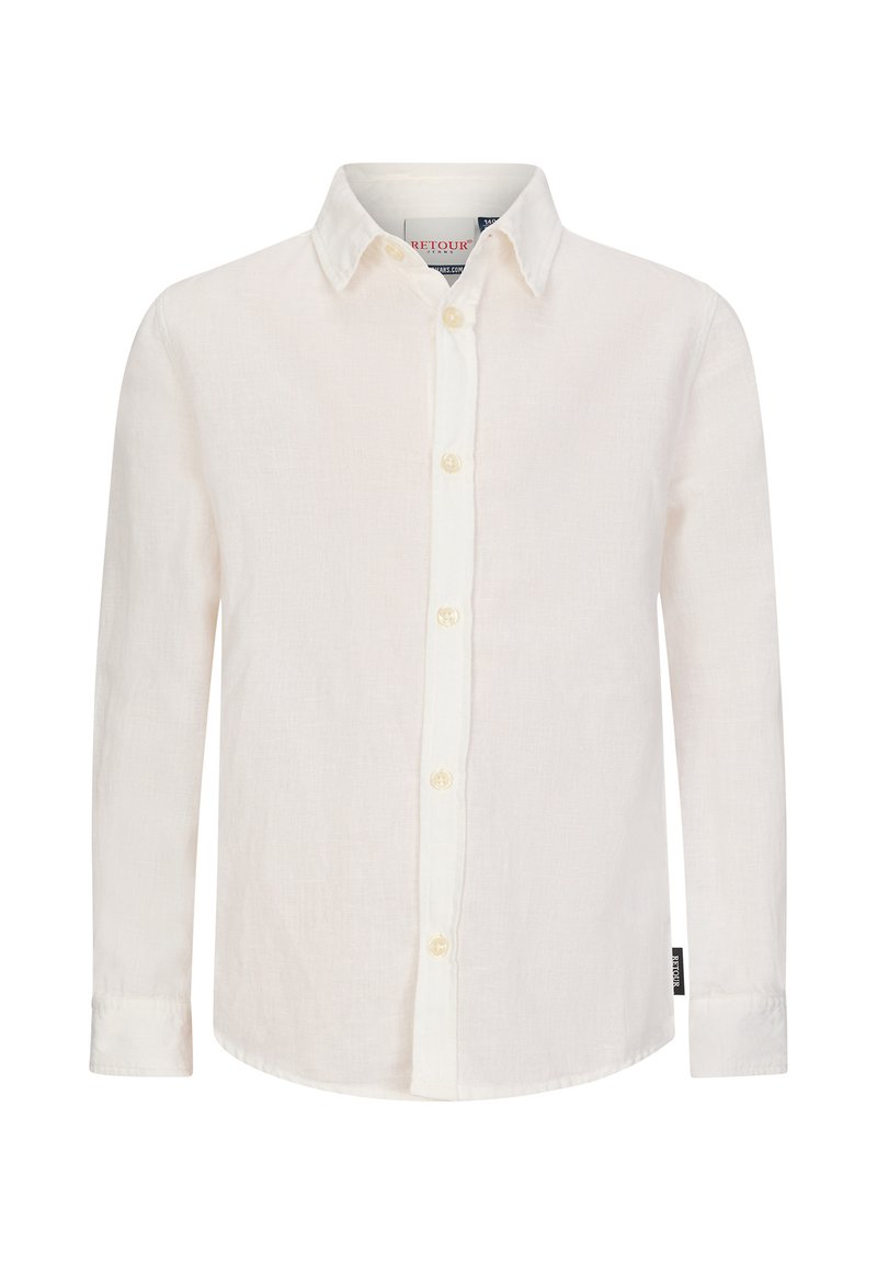 Biała lniana koszula z długim rękawem, z kołnierzykiem zapinanym na guziki i centralnym zapięciem na guziki. Posiada widoczne szwy oraz metkę z boku.