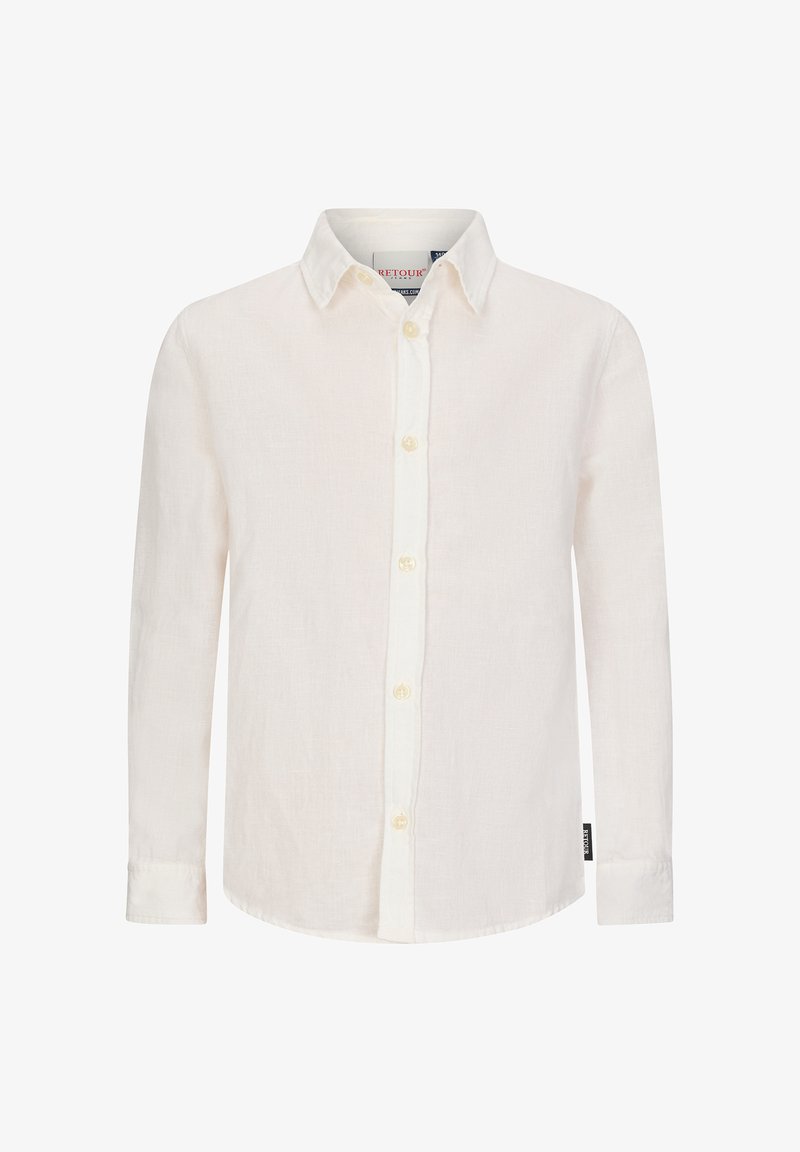 Biała lniana koszula z długim rękawem, z kołnierzykiem zapinanym na guziki i centralnym zapięciem na guziki. Posiada widoczne szwy oraz metkę z boku.