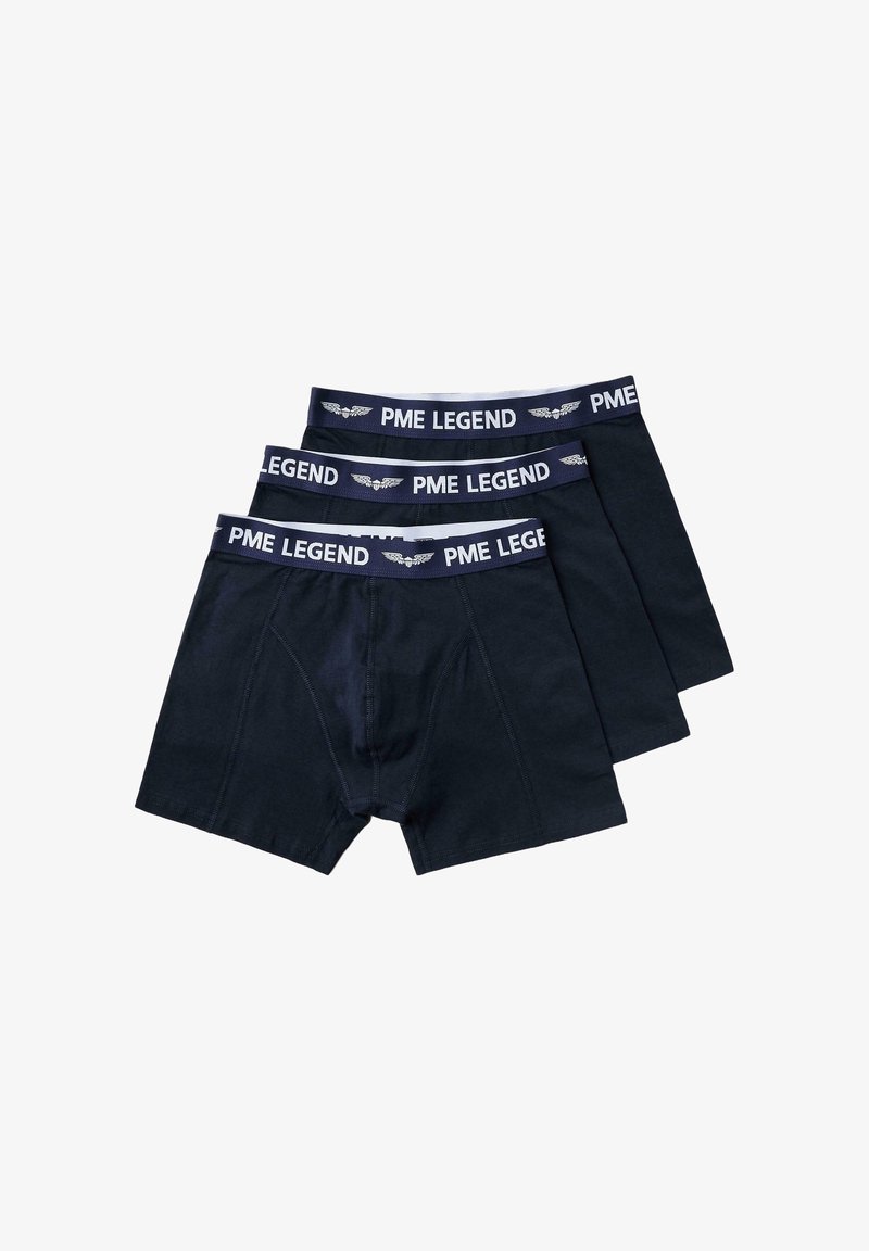 Trois boxers PME Legend noirs avec ceintures élastiques de marque empilés sur un fond blanc.