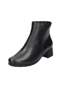 Bottine en cuir noir avec une finition lisse, bout rond et petit talon carré. Dispose d'une ouverture en élastique discret pour un enfilage facile.