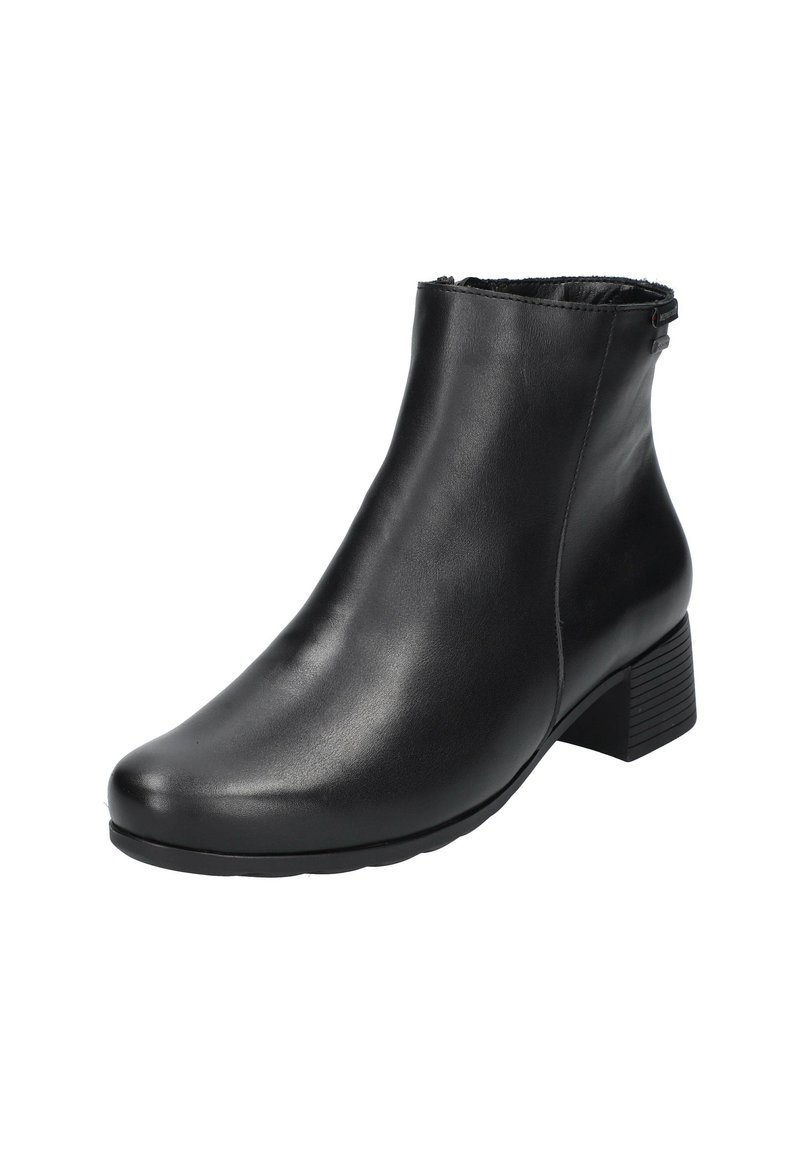 Bottine en cuir noir avec une finition lisse, bout rond et petit talon carré. Dispose d'une ouverture en élastique discret pour un enfilage facile.