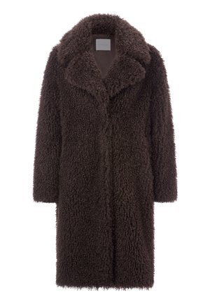 Brown shaggy coat made of textured material, featuring a notched collar and long sleeves. Open front design, offering a cozy appearance.