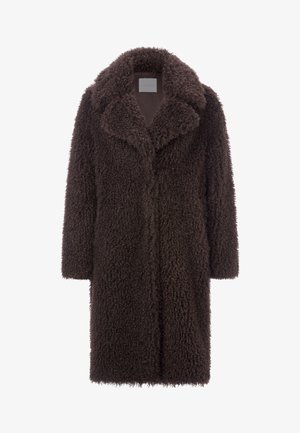 Cappotto shaggy marrone realizzato in materiale tessurizzato, caratterizzato da un colletto a scollatura e maniche lunghe. Design con apertura frontale, che offre un aspetto accogliente.