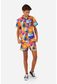 Korte mouwen overhemd en korte broek set in levendige kleuren, met palmboom- en geometrische patronen, gemaakt van lichtgewicht stof.