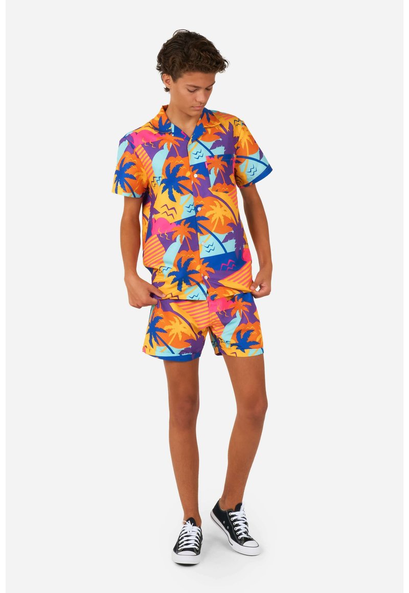 Korte mouwen overhemd en korte broek set in levendige kleuren, met palmboom- en geometrische patronen, gemaakt van lichtgewicht stof.