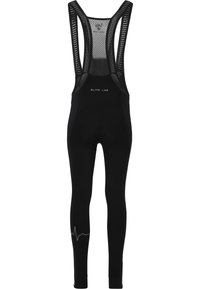 Zwarte fietsbroek met bretels, voorzien van een mesh achterkant, een gevoerd zitgedeelte en een hartslaglijn detail op het onderbeen voor een extra ontwerpaspect.