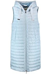 Jasnoniebieska bezrękawnikowa kamizelka puchowa z kapturem, na suwak z przodu, z dwoma bocznymi kieszeniami i kontrastowymi sznureczkami; posiada pikowany wzór.