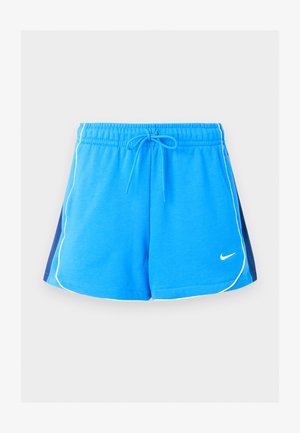 Shorts de sport bleus avec un passepoil blanc le long des bords, des panneaux latéraux bleu marine, une ceinture élastique, un cordon et un petit logo Nike blanc à l'avant.