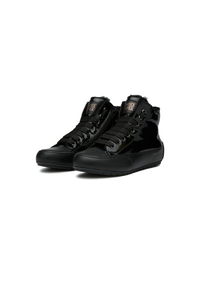 Black patent high-top shoes with a smooth finish, featuring lace-up closure, a side zipper, and a textured back strap.