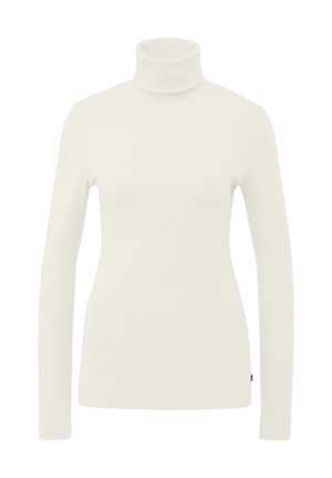 Suéter blanco de cuello alto con mangas largas, textura suave, diseño ajustado y un sutil detalle de marca en el dobladillo.
