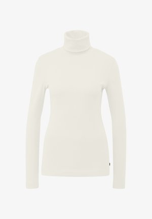 White turtleneck sweater with long sleeves, smooth texture, fitted design, and subtle branding detail at the hem.