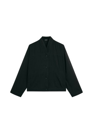 Veste noire à coupe droite, fermeture à boutons, design sans col et manches longues. Tissu texturé avec une apparence minimaliste.
