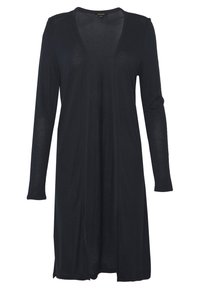Cardigan noir en tricot avec des manches longues, ouvert à l'avant et d'une texture lisse. Présente un design mi-long, idéal pour les superpositions.