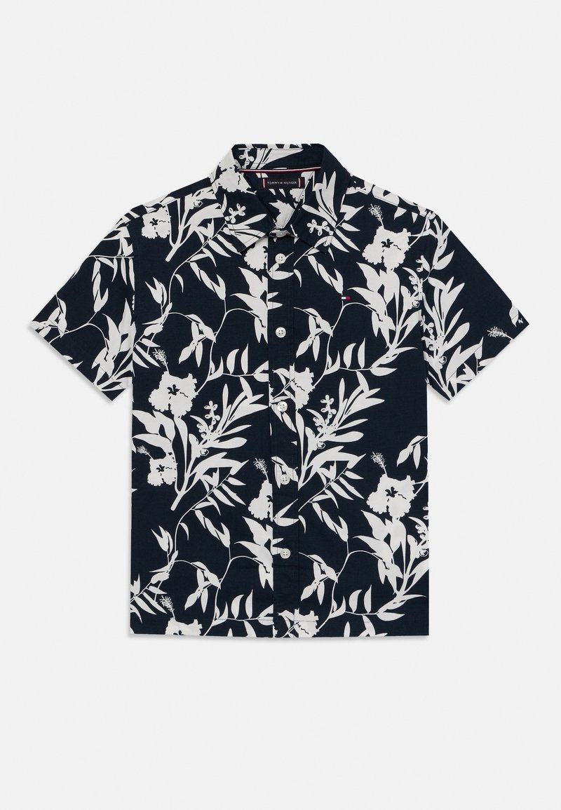 Kurzarmhemd aus navy-farbenem Stoff mit weißem Blumen- und Blattmuster, mit Kragen und Knopfleiste.