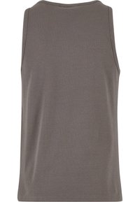 Grå ribbestrikket tankskjorte med rund hals og uten ermer. Stoffet er glatt med en lett glans og har en tettsittende silhuett.