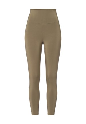 Hoge taille leggings in een gedempt olijfgroene kleur, gemaakt van gladde, rekbare stof. Heeft een naadloos ontwerp zonder zichtbare hardware.