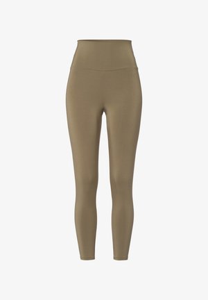 Hoge taille leggings in een gedempt olijfgroene kleur, gemaakt van gladde, rekbare stof. Heeft een naadloos ontwerp zonder zichtbare hardware.