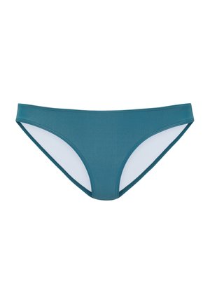Donji dio bikinija tirkizne boje s glatkom teksturom, s bijelom unutarnjom podstavom i minimalističkim dizajnom. Udobno pristaje standardnim krojem.