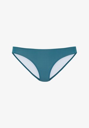 Spód bikini w kolorze morskim o gładkiej fakturze, z białą podszewką wewnętrzną i minimalistycznym wzornictwem. Dopasowuje się komfortowo dzięki standardowemu krojowi.