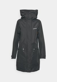 Parka impermeabile nera con colletto alto, chiusura frontale con zip, due tasche anteriori e cappuccio regolabile. Realizzata con materiale resistente.