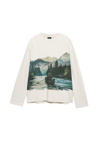 Puuvillainen pitkähihainen paita off-white-värissä, jossa on vesiväripainatus kanosta joella, ympäröitynä vuorten ja puiden kanssa.