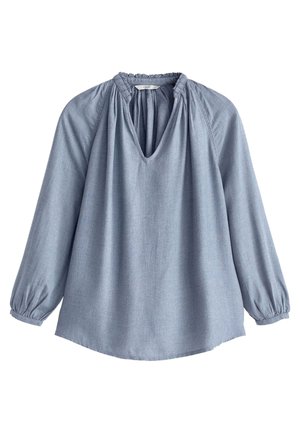 Light blue long-sleeve blouse with gathered neckline, loose fit, slight V-neck opening, and elastic cuffs at wrists.
